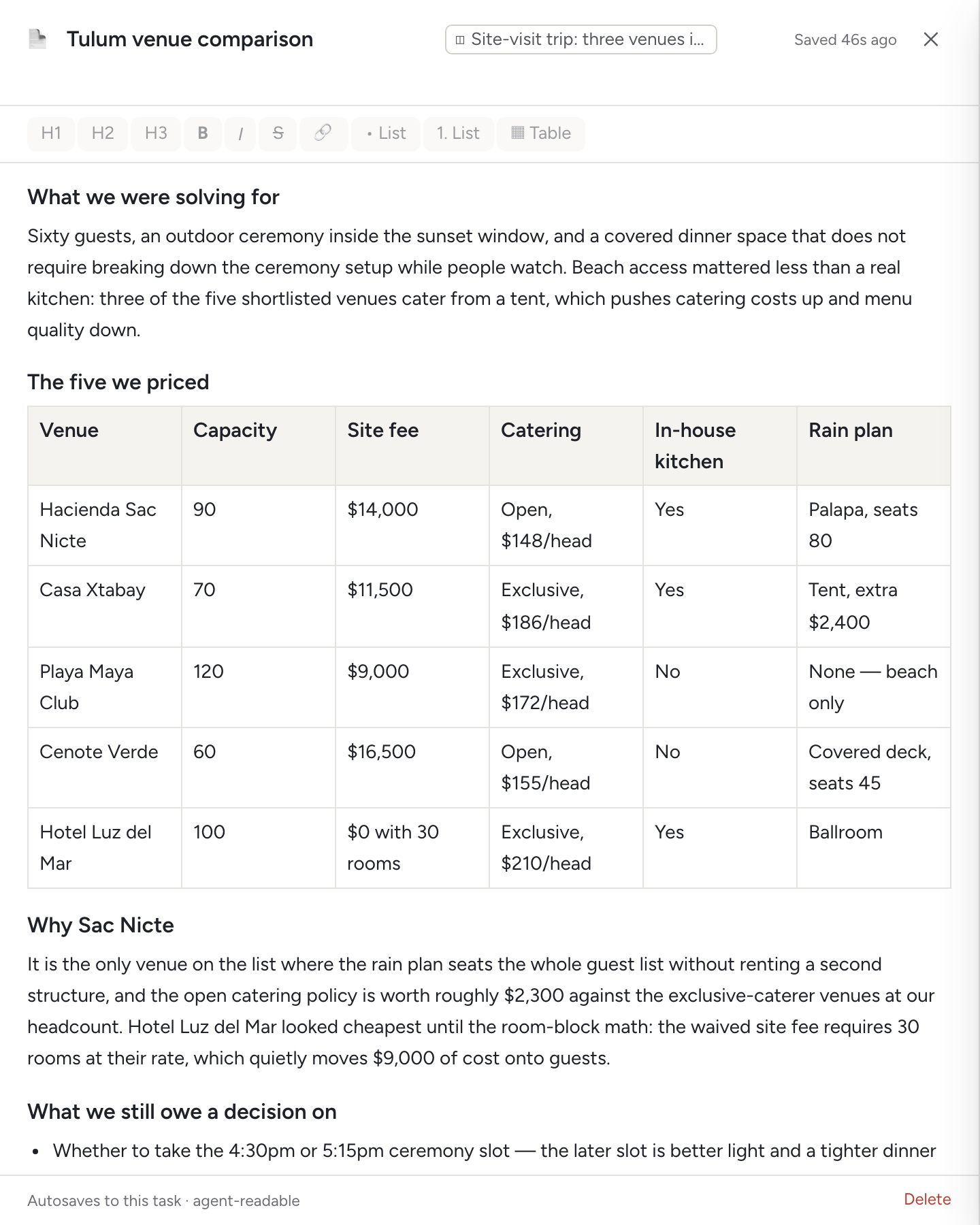 The Tulum venue comparison document open in InControl, showing a five-row table of venues with capacity, site fee, catering, in-house kitchen and rain plan.