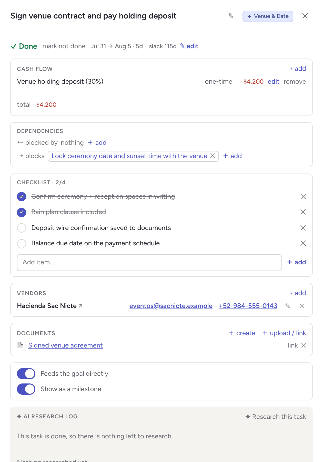 The task drawer for 'Sign venue contract and pay holding deposit', showing cash flow, dependencies, a checklist, the vendor, an attached document and the AI research log.
